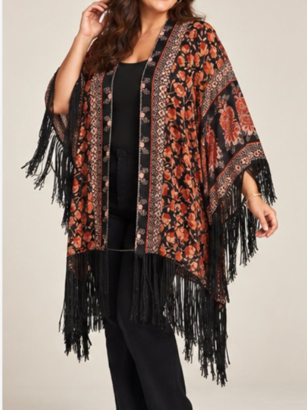 THE PYRAMID COLLECTION BLACK JAPANESE FRINGE CHERRY BLOSSOM SAKURA KIMONO XS/S